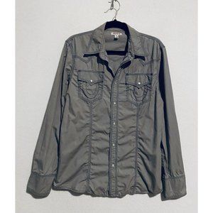 True Religion Shirt Mens Medium Western Pearl Snap Long Sleeve Gray Cotton